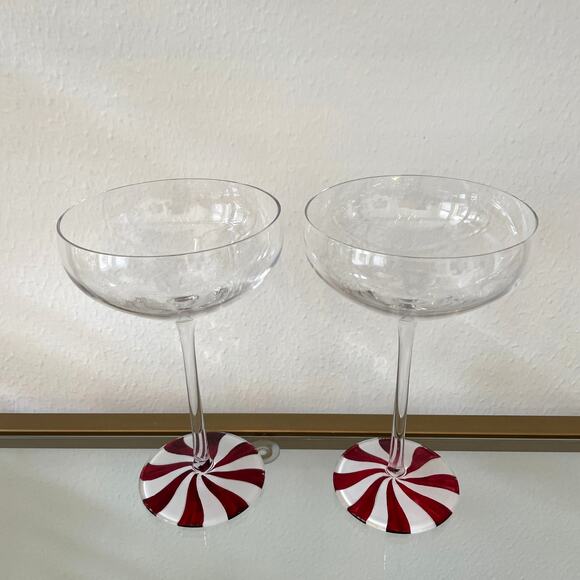 Peppermint Swirl Martini Coupe Cocktail Glasses Set of 2 Christmas Holiday New - Picture 2 of 8